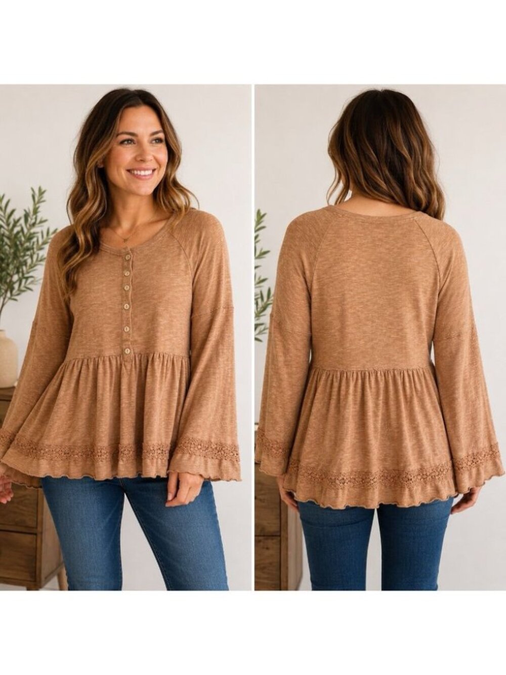 Doe & Rae Women’s Small Tan Brown Babydoll Peplum Top Lace Bell Sleeve Boho